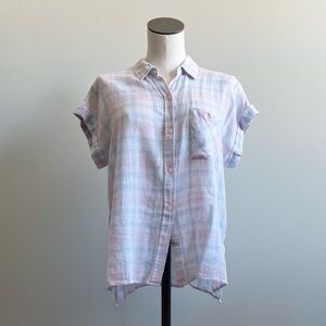Rails Whitney Short Sleeve Button Down Shirt Linen Plaid White Blush Sky Size M